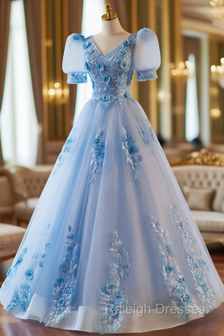 A-Line Light Blue Tulle With Lace Short Sleeves Prom Dress, Tulle Sweet 16 Dress
