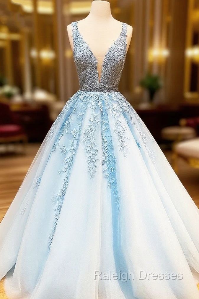 A Line Light Blue V Neck Lace Long Prom Dress