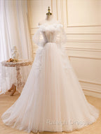 A Line Light Champagne Long Prom Dresses, Light Champagne Lace Formal Dresses