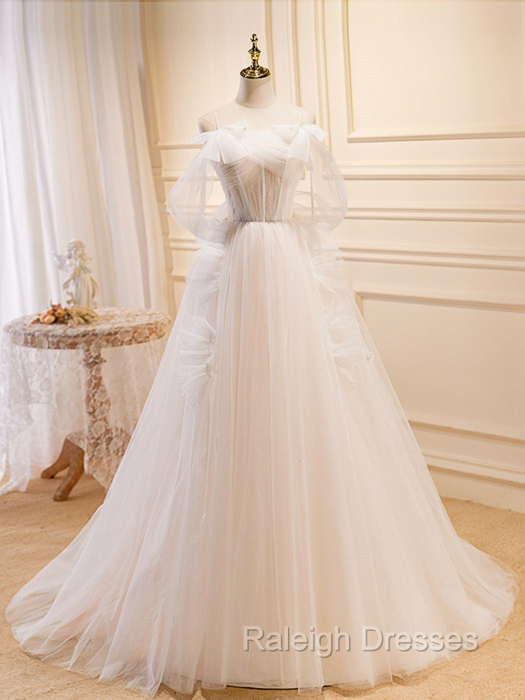 A Line Light Champagne Long Prom Dresses, Light Champagne Lace Formal Dresses