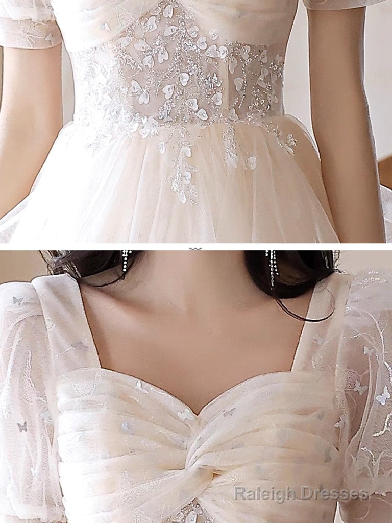 A-Line Light Champagne Tulle Lace Long Prom Dresses Light Champagne Long Prom Dresses