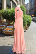 A Line Light Coral Ruffled Flutter Sleeves Chiffon Bridesmaid Dress