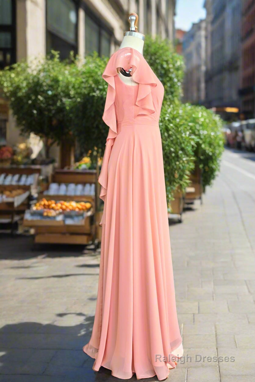 A Line Light Coral Ruffled Flutter Sleeves Chiffon Bridesmaid Dress