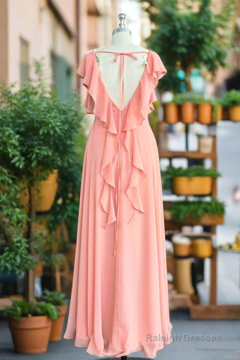 A-Line Light Coral Ruffled Flutter Sleeves Chiffon Bridesmaid Dress