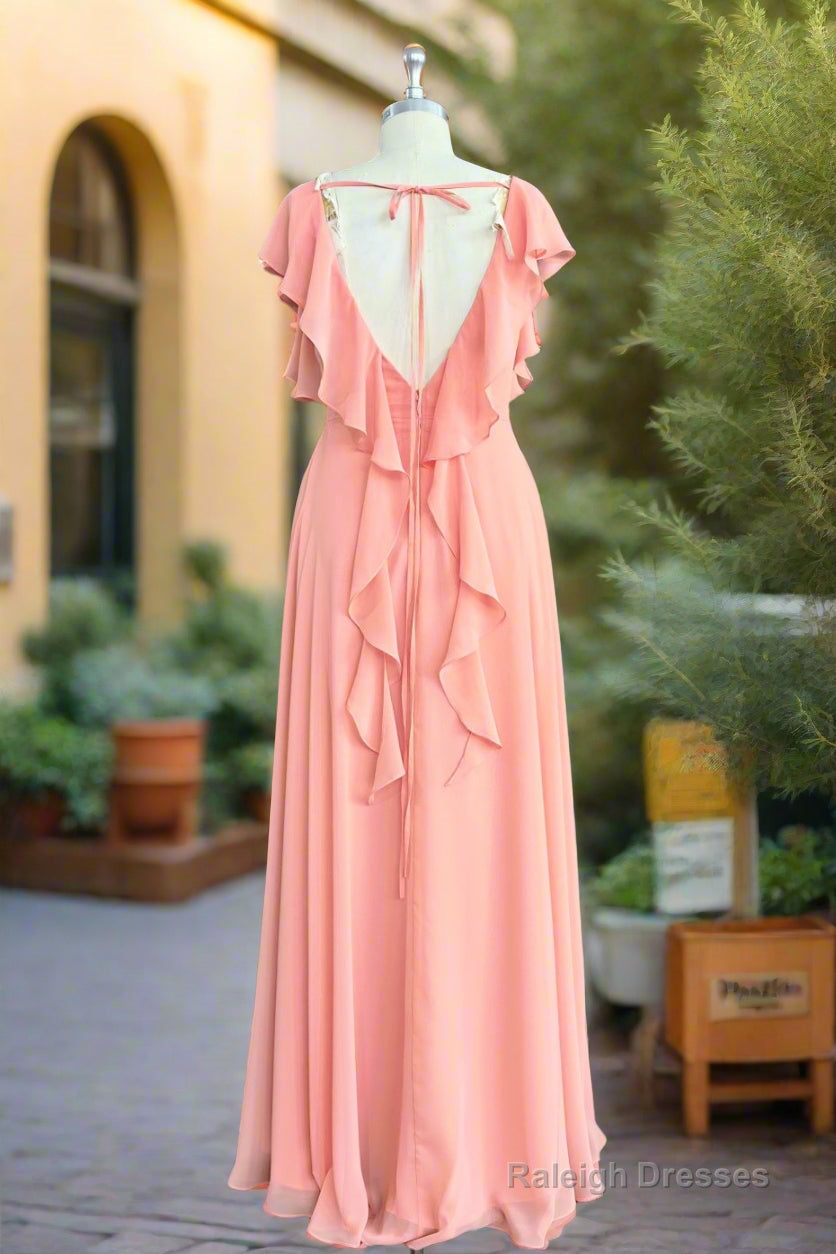 A Line Light Coral Ruffled Flutter Sleeves Chiffon Bridesmaid Dress