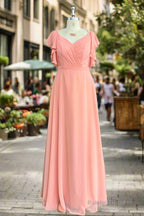 A Line Light Coral Ruffled Flutter Sleeves Chiffon Bridesmaid Dress