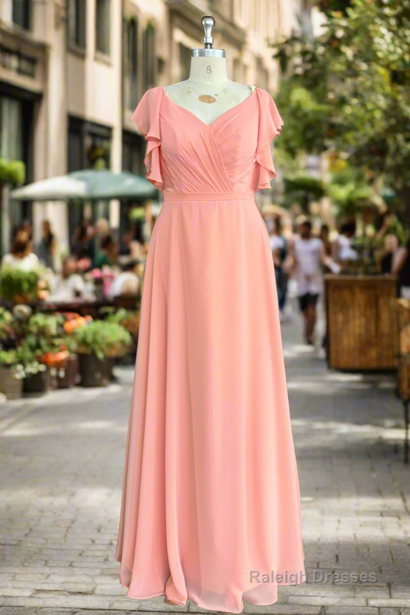 A Line Light Coral Ruffled Flutter Sleeves Chiffon Bridesmaid Dress