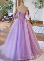 A Line Light Purple Sweethart Lace Applique Prom Dress, Purple Long Prom Dress