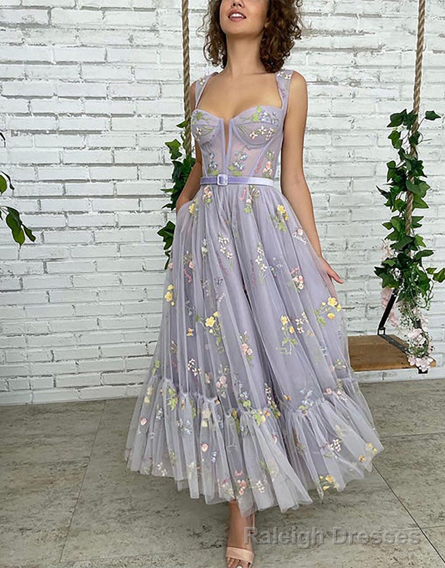 A Line Lilac Tea Length Tulle Prom Dress with Embroidery