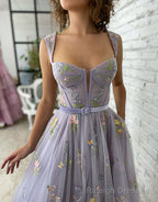 A-line Lilac Tea Length Tulle Prom Dress with Embroidery