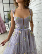 A Line Lilac Tea Length Tulle Prom Dress with Embroidery
