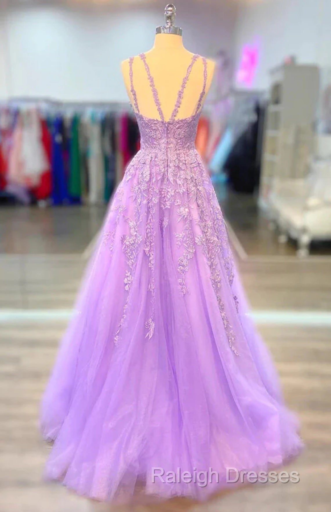 A-Line Lilac Tulle  Prom Dresses Violet V-Neck Formal Evening Dresses Uk Secondary image