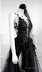 A-Line Long Black Tulle Lace Prom Dresses
