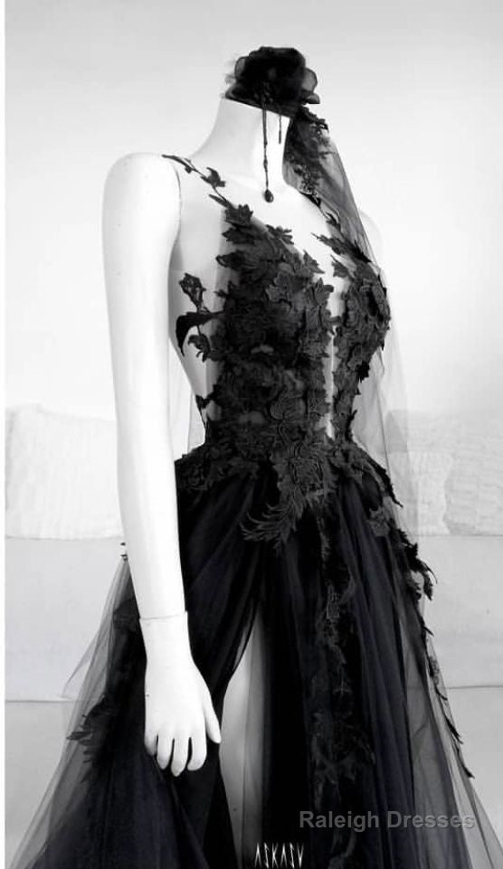 A-Line Long Black Tulle Lace Prom Dresses