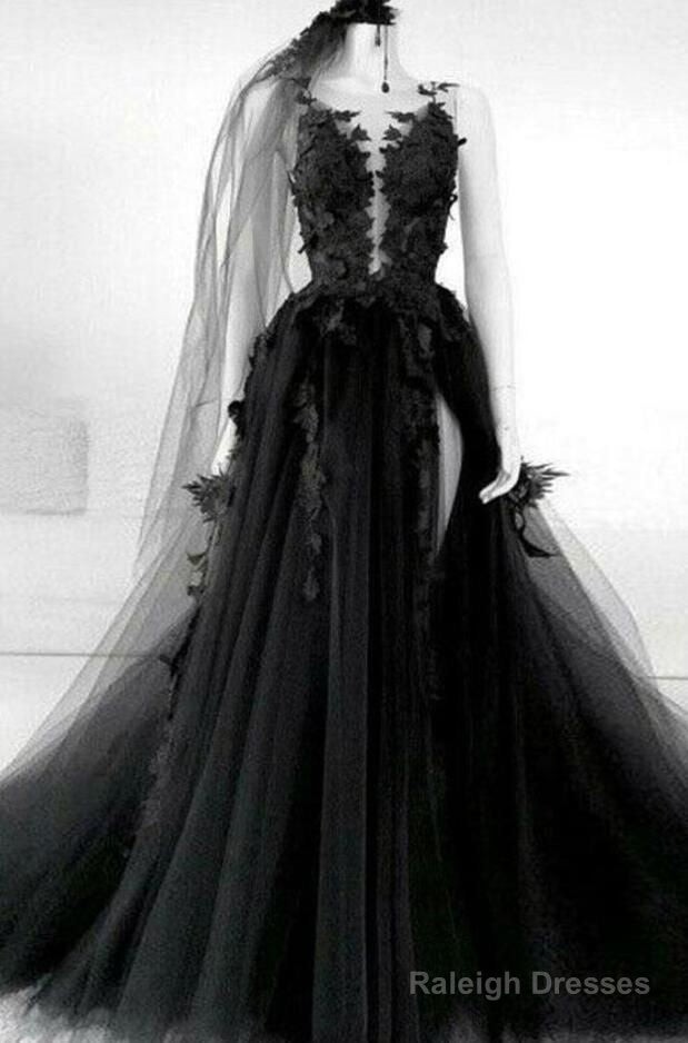A Line Long Black Tulle Lace Prom Dress