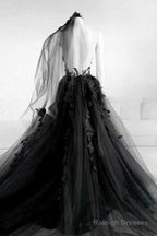A Line Long Black Tulle Lace Prom Dress