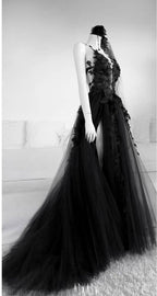 A Line Long Black Tulle Lace Prom Dress