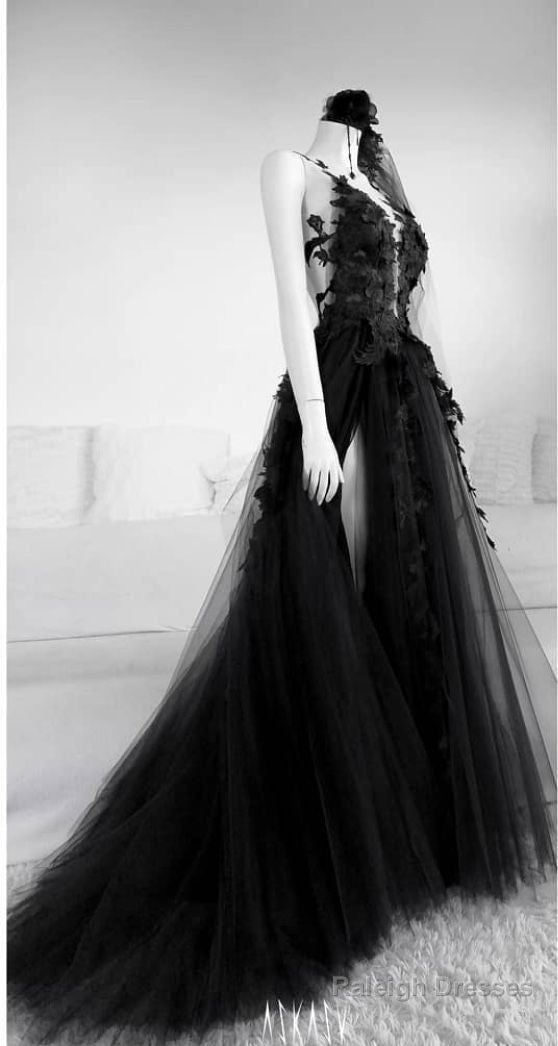 A-Line Long Black Tulle Lace Prom Dresses Main image