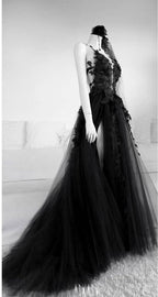A-Line Long Black Tulle Lace Prom Dresses
