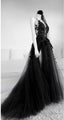 A-Line Long Black Tulle Lace Prom Dresses