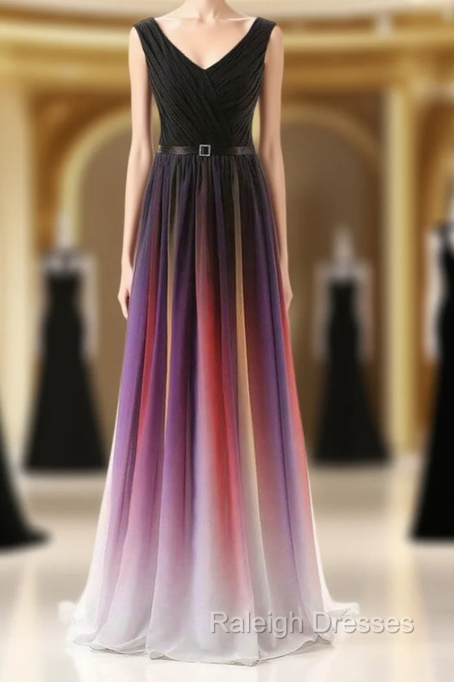 A Line Long Floor Length Chiffon V Neck Pleats Bridesmaid Dress