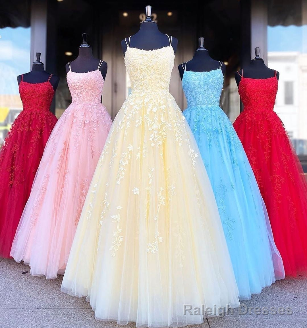 A-Line Long Lace Prom Dress Spaghetti Straps Sleeveless