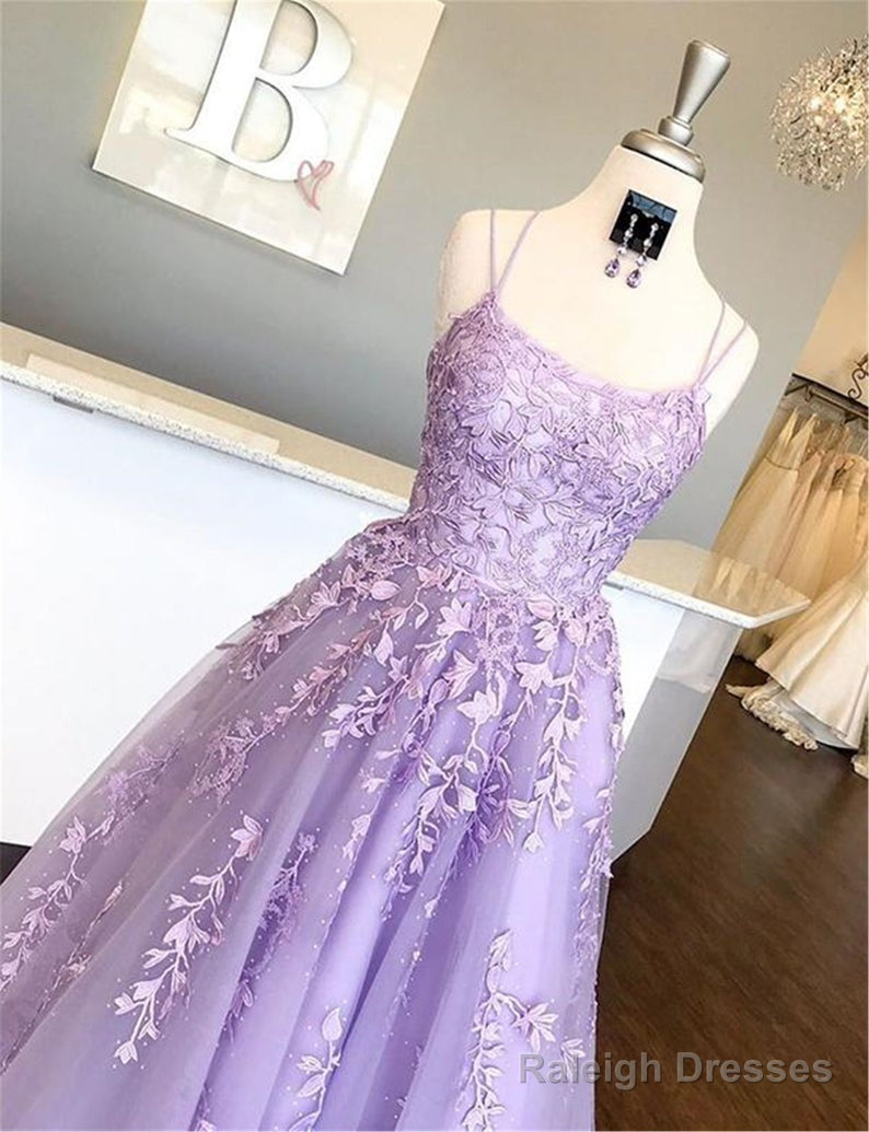 A Line Long Lace Prom Dresses Spaghetti Straps Sleeveless