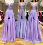 A-Line Long Lace Purple Prom Dress V-Neck Lilac Party Dresses