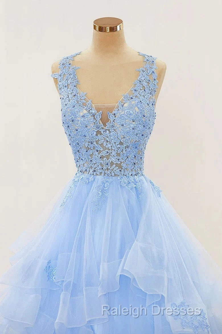 A-Line Long Layers Lace Prom Dresses Light Blue Beaded Appliques Secondary image