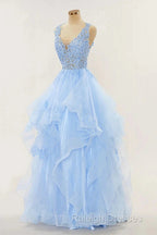 A-Line Long Layers Lace Prom Dresses Light Blue Beaded Appliques