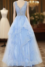 A-Line Long Layers Lace Prom Dresses Light Blue Beaded Appliques