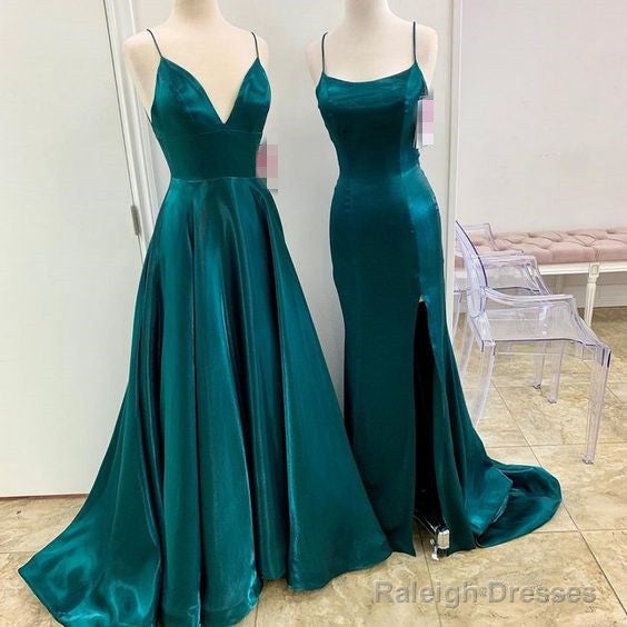 A Line Long Satin Emerald Green Prom Dresses  With Split