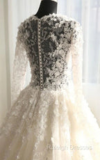 A Line Long Sleeve Bell Beading Appliques Flower Zipper Keyhole Tulle Lace Dress