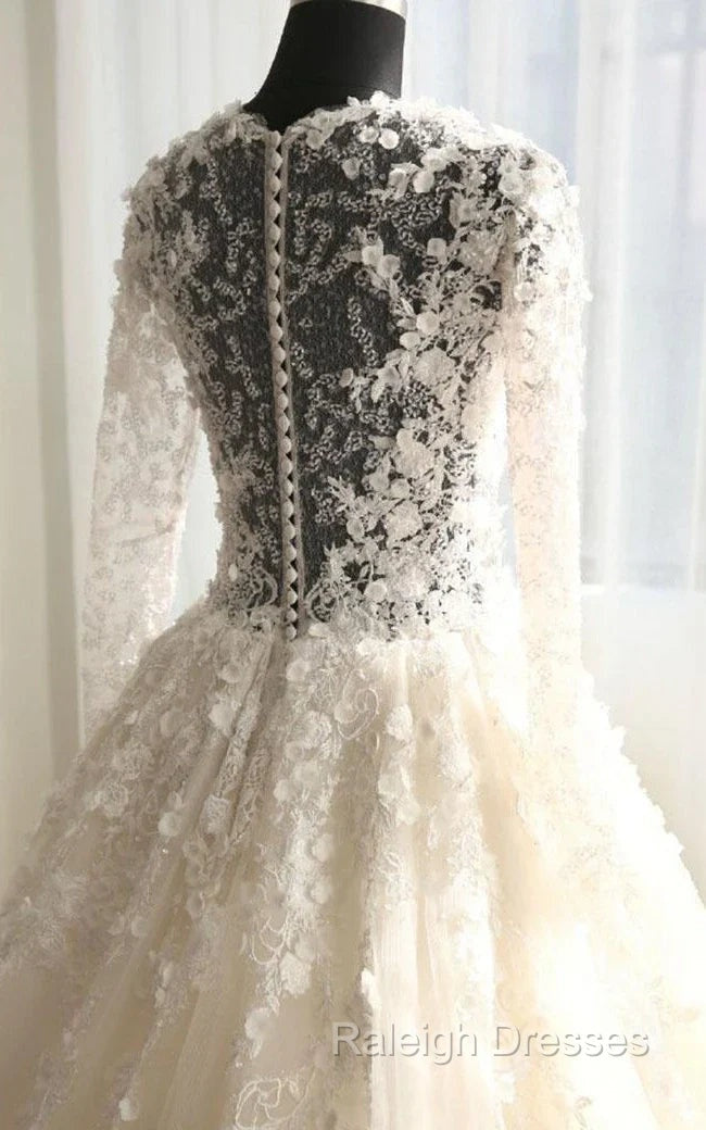 A Line Long Sleeve Bell Beading Appliques Flower Zipper Keyhole Tulle Lace Dress