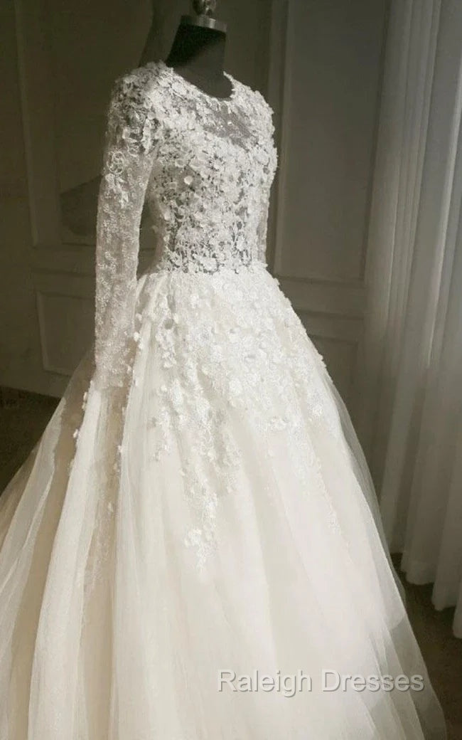 A Line Long Sleeve Bell Beading Appliques Flower Zipper Keyhole Tulle Lace Dress