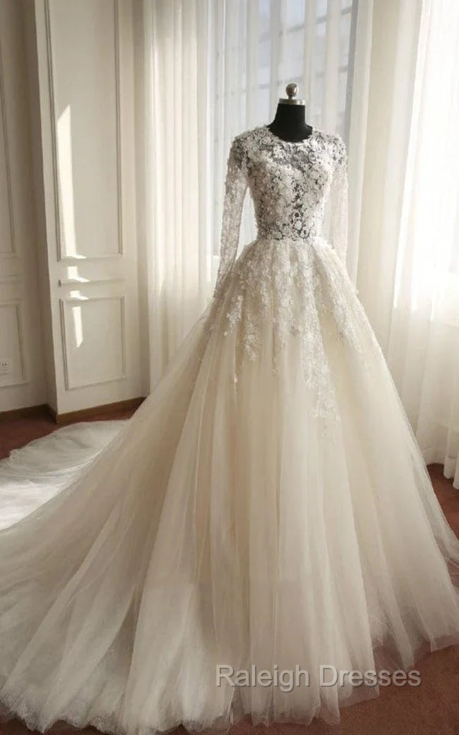 A Line Long Sleeve Bell Beading Appliques Flower Zipper Keyhole Tulle Lace Dress