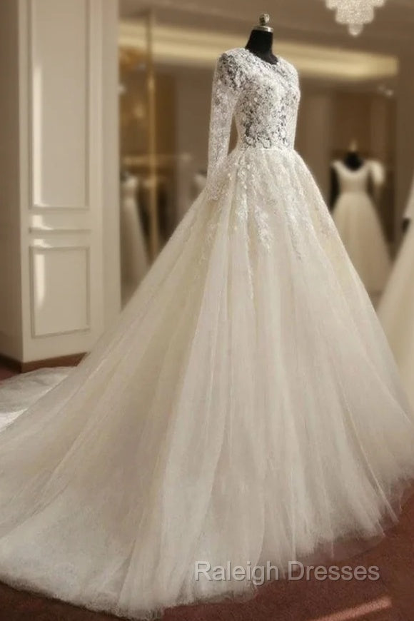 A-Line Long Sleeve Bell Beading Appliques Flower Zipper Keyhole Tulle Lace Dress Main image