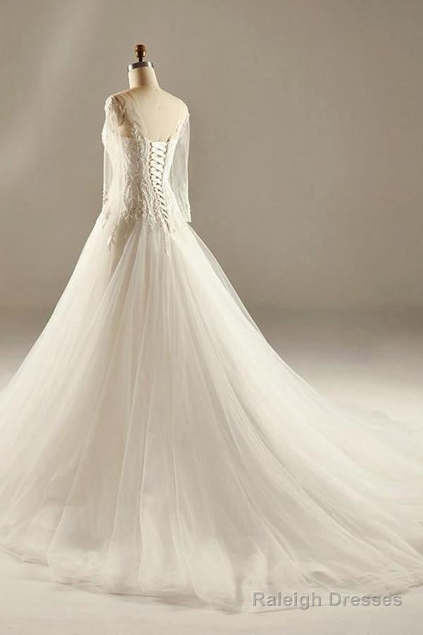 A-Line Long Sleeve Waist Lace Beaded Wedding Dresses Court Train Secondary image