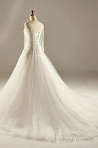 A-Line Long Sleeve Waist Lace Beaded Wedding Dresses Court Train