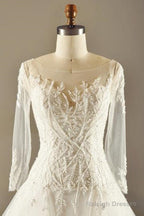 A-Line Long Sleeve Waist Lace Beaded Wedding Dress Court Train