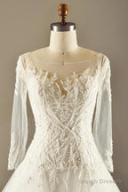 A-Line Long Sleeve Waist Lace Beaded Wedding Dresses Court Train