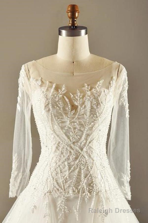 A-Line Long Sleeve Waist Lace Beaded Wedding Dresses Court Train