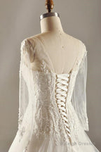 A-Line Long Sleeve Waist Lace Beaded Wedding Dresses Court Train