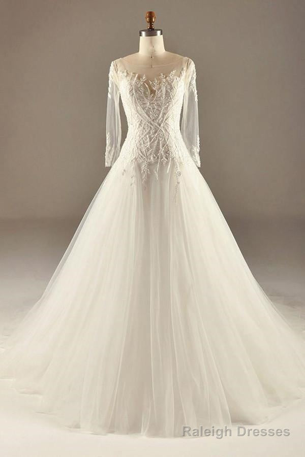 A-Line Long Sleeve Waist Lace Beaded Wedding Dress Court Train Main image