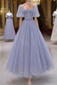A-Line Long sleeves Beading Gray Blue Long Prom Dress, Gray Blue Formal Dress
