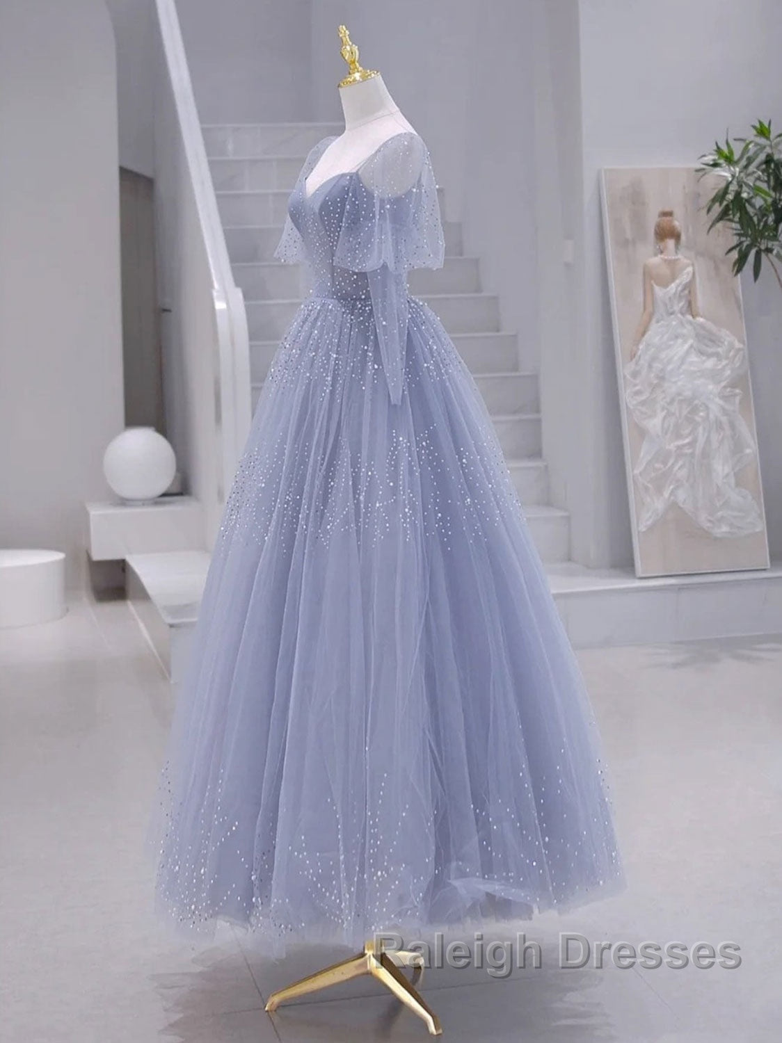 A Line Long sleeves Beading Gray Blue Long Prom Dresses Gray Blue Prom Dresses Secondary image
