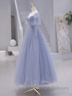 A Line Long sleeves Beading Gray Blue Long Prom Dresses Gray Blue Prom Dresses