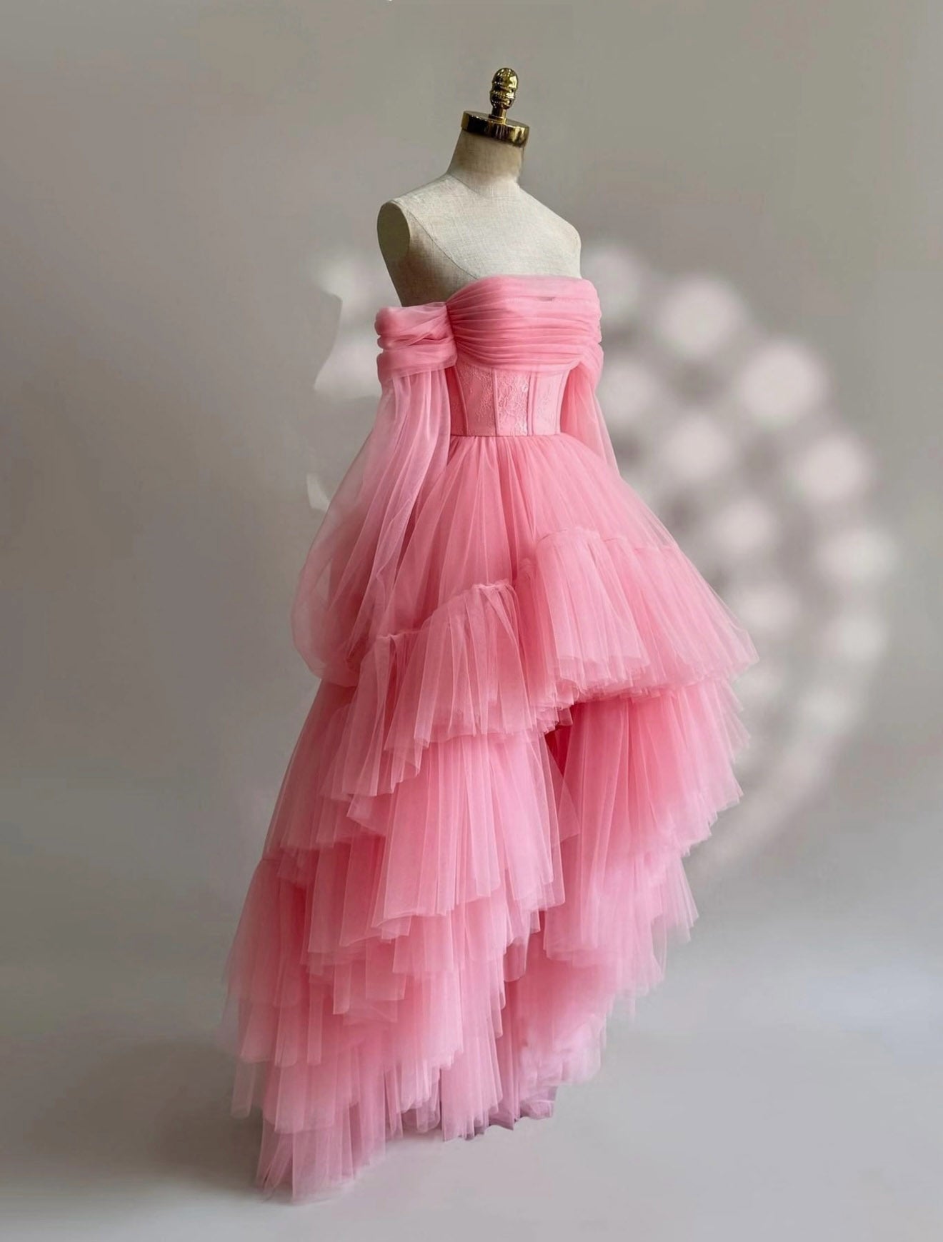 A-Line Long Sleeves High Low Tulle Lace Pink Formal Prom Dress Secondary image