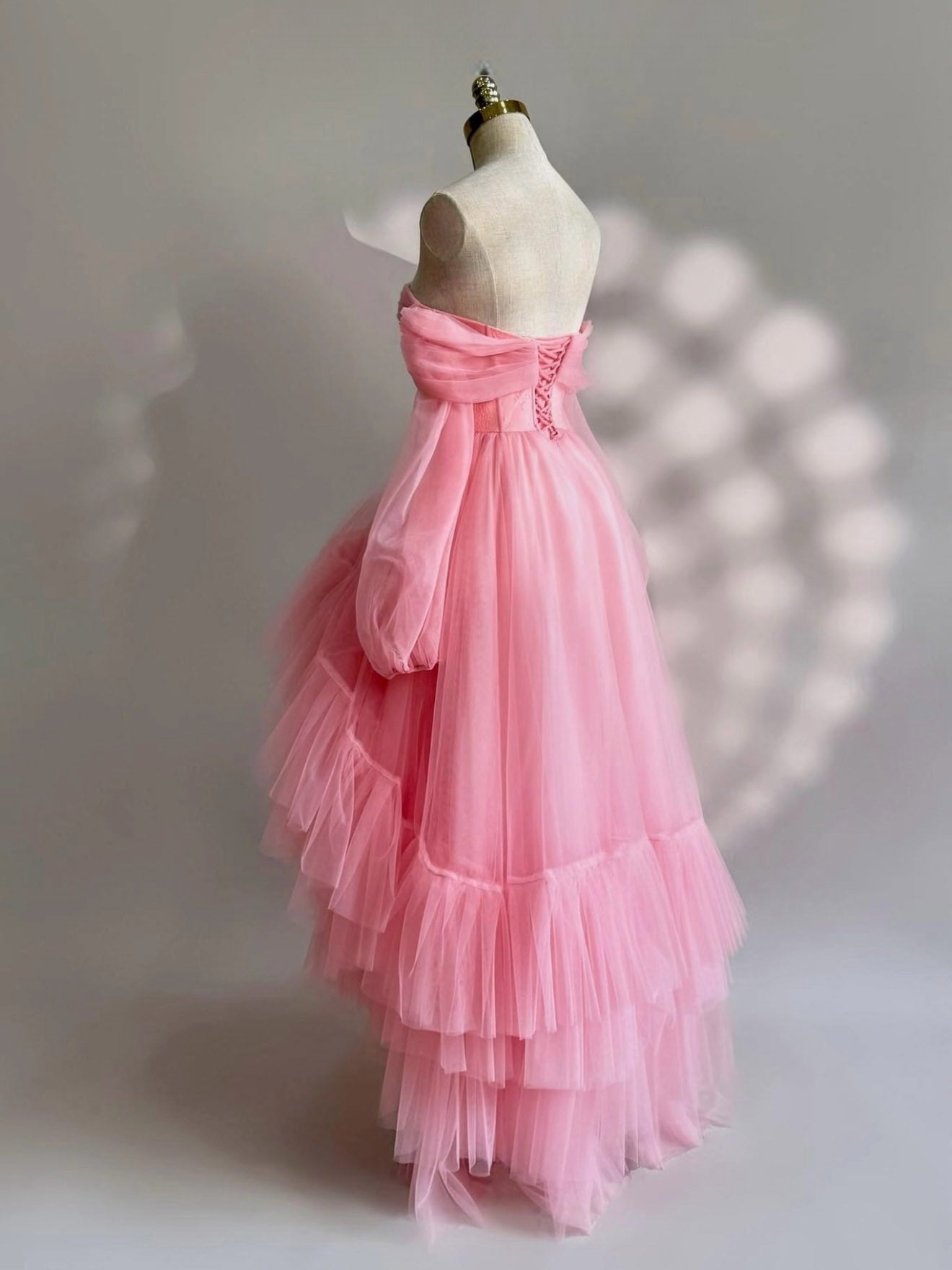 A-Line Long Sleeves High Low Tulle Lace Pink Formal Prom Dress