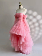 A-Line Long Sleeves High Low Tulle Lace Pink Formal Prom Dress